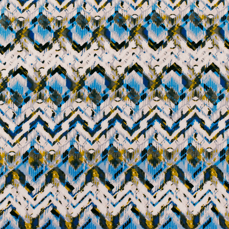 Blue-Ivory-Multi Abstract Chevron Rayon Challis Woven Fabric