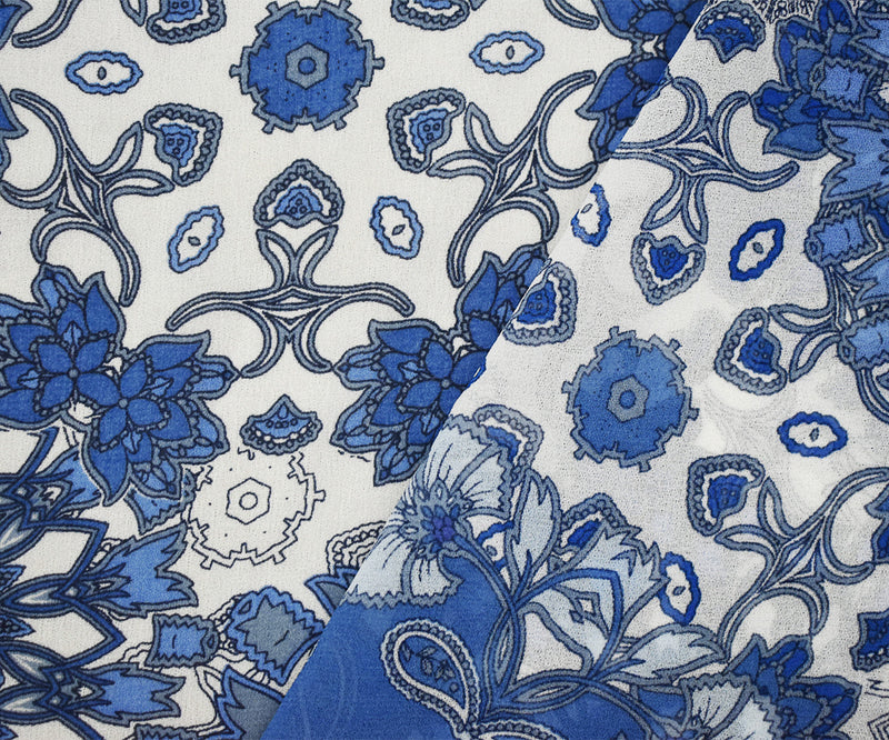 Blue-White Floral Medallion Printed Poly Chiffon Woven Fabric