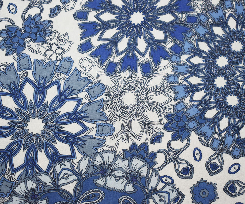 Blue-White Floral Medallion Printed Poly Chiffon Woven Fabric