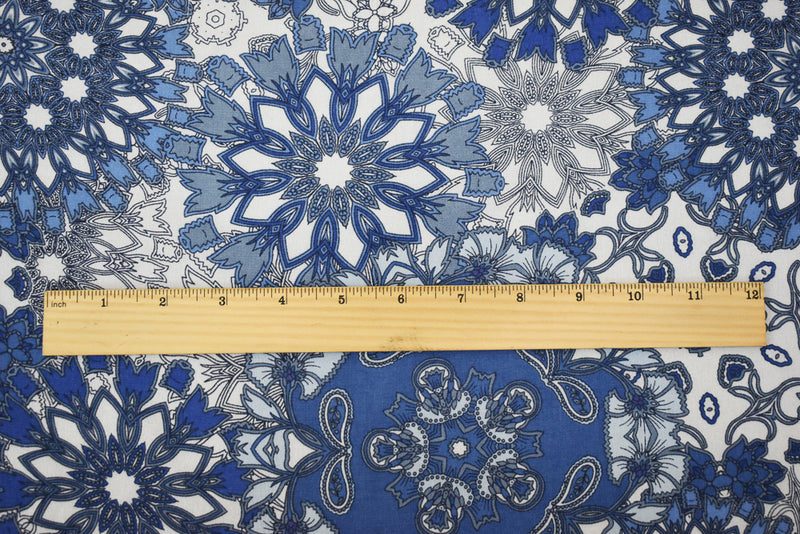 Blue-White Floral Medallion Printed Poly Chiffon Woven Fabric