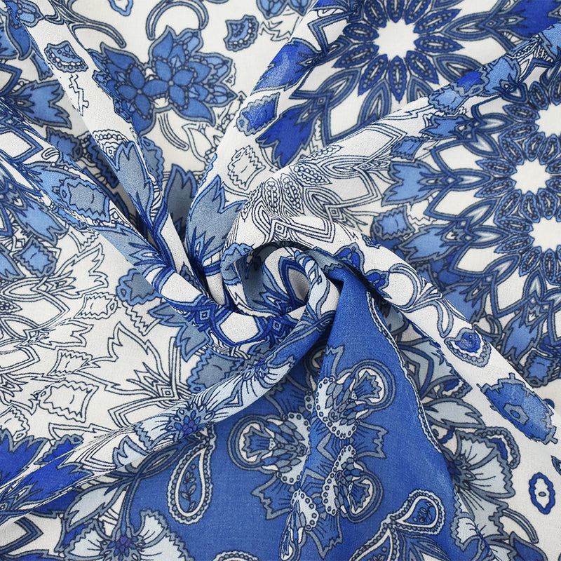 Blue-White Floral Medallion Printed Poly Chiffon Woven Fabric