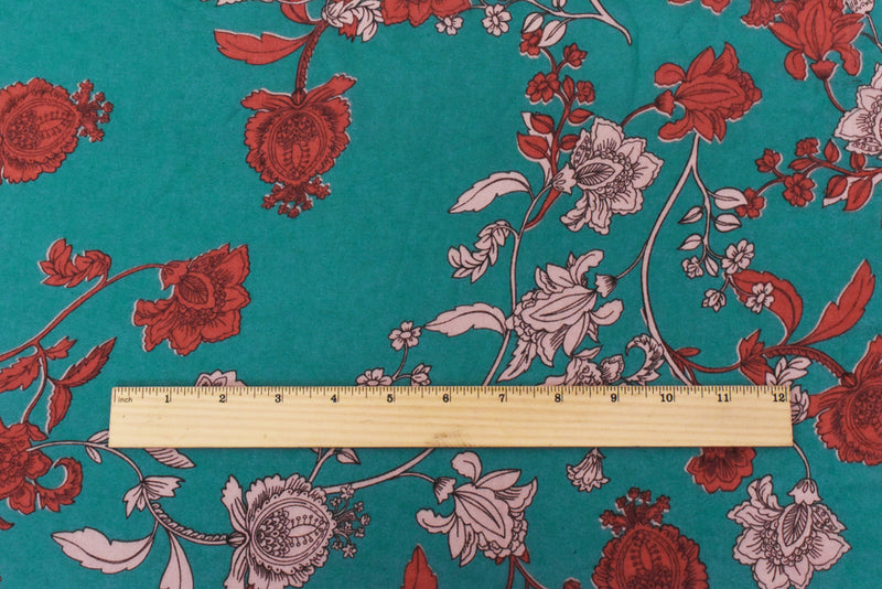 Teal-Red Floral Printed Poly Chiffon Woven Fabric