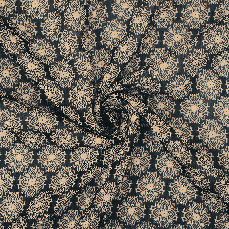 Black-Gold-Multi Medallion Print Poly Metallic Stripe Yoryu Chiffon Fabric