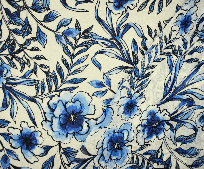 2 1/4 YD PC-Blue-Ivory-Black Floral Printed Poly Chiffon Woven Fabric