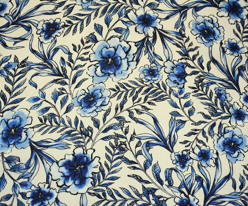 2 1/4 YD PC-Blue-Ivory-Black Floral Printed Poly Chiffon Woven Fabric