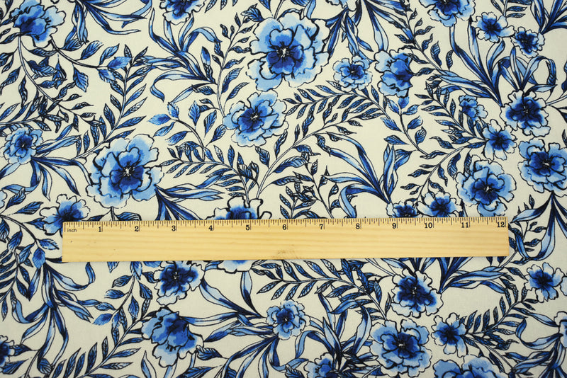 2 1/4 YD PC-Blue-Ivory-Black Floral Printed Poly Chiffon Woven Fabric