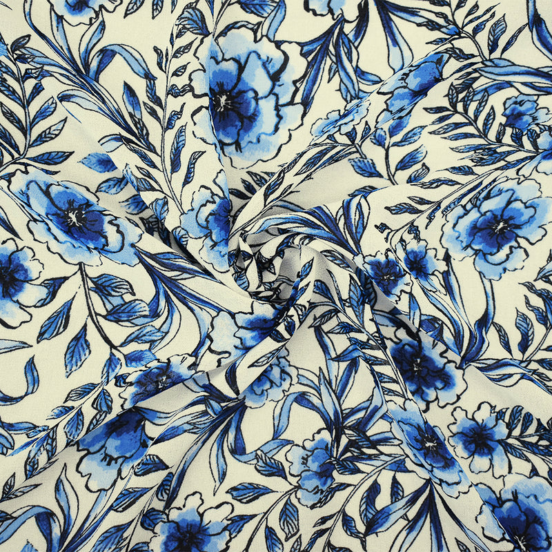 2 1/4 YD PC-Blue-Ivory-Black Floral Printed Poly Chiffon Woven Fabric