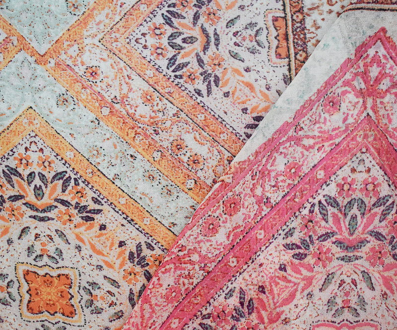 Orange-Pink-Multi Moroccan Bandana Printed Poly Chiffon Woven Fabric