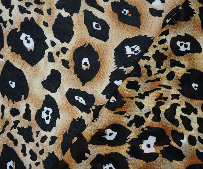 Brown-Black-White Abstract Leopard Printed Poly Chiffon Woven Fabric