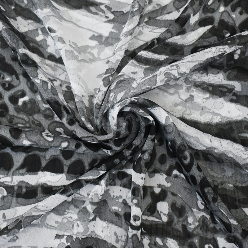 4 YD PC-Black-Gray Watercolor Multi Animal Printed Poly Chiffon Woven Fabric