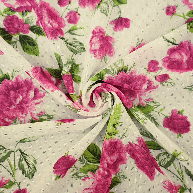 Pink-White-Green Floral Printed Poly Dobby Chiffon Woven Fabric