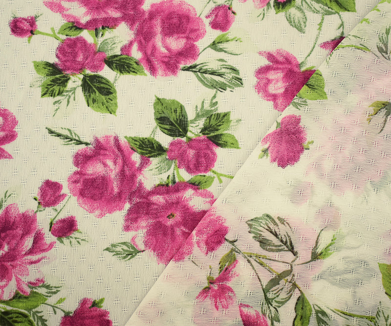 Pink-White-Green Floral Printed Poly Dobby Chiffon Woven Fabric