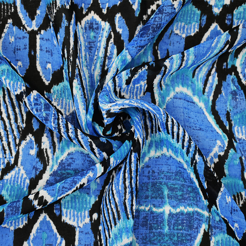Blue-Black-Multi Abstract Peacock Feather Printed Poly Chiffon Woven Fabric