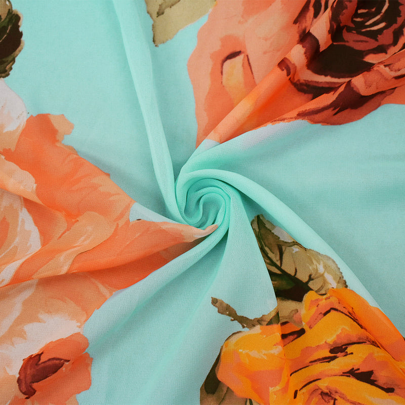 Blue-Orange-Multi Floral Printed Poly Chiffon Woven Fabric