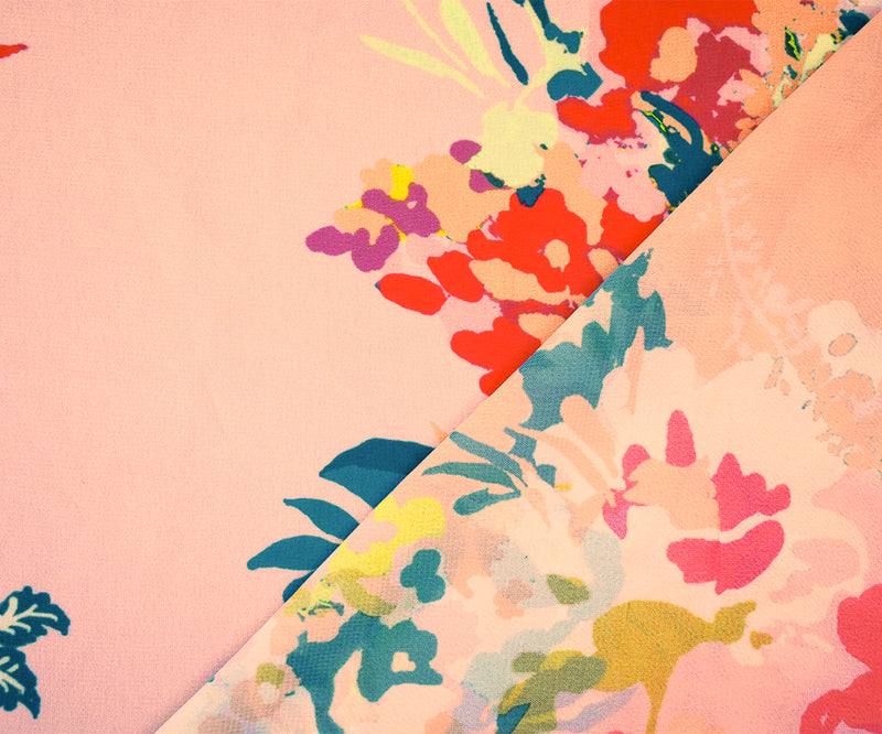 2 YD PC-Pink-Teal-Multi Floral Printed Poly Chiffon Woven Fabric