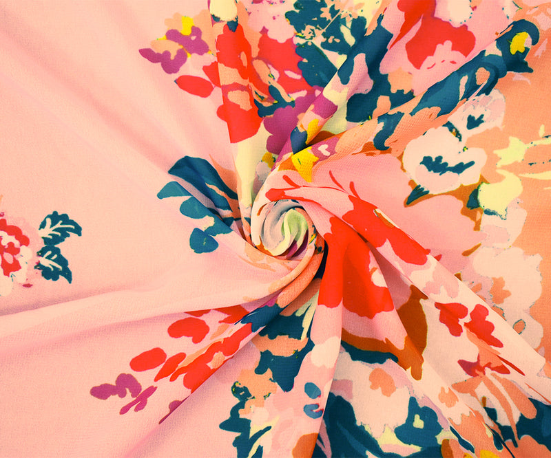 2 YD PC-Pink-Teal-Multi Floral Printed Poly Chiffon Woven Fabric
