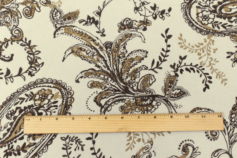 Ivory-Brown-Beige Paisley Printed Poly Chiffon Woven Fabric
