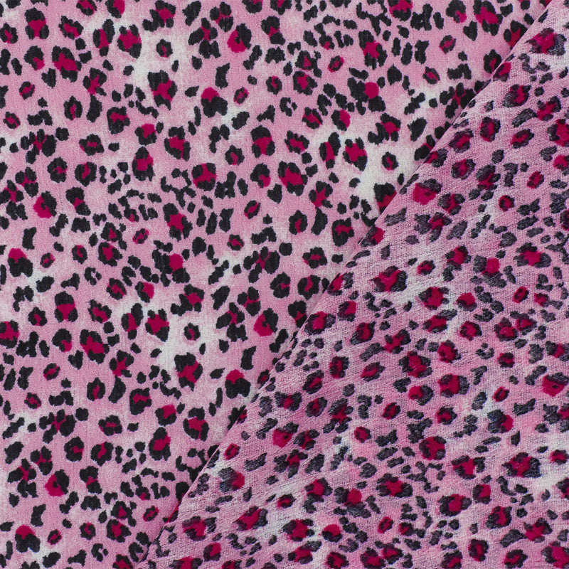 Pink-Black-White Leopard Printed Poly Chiffon Woven Fabric