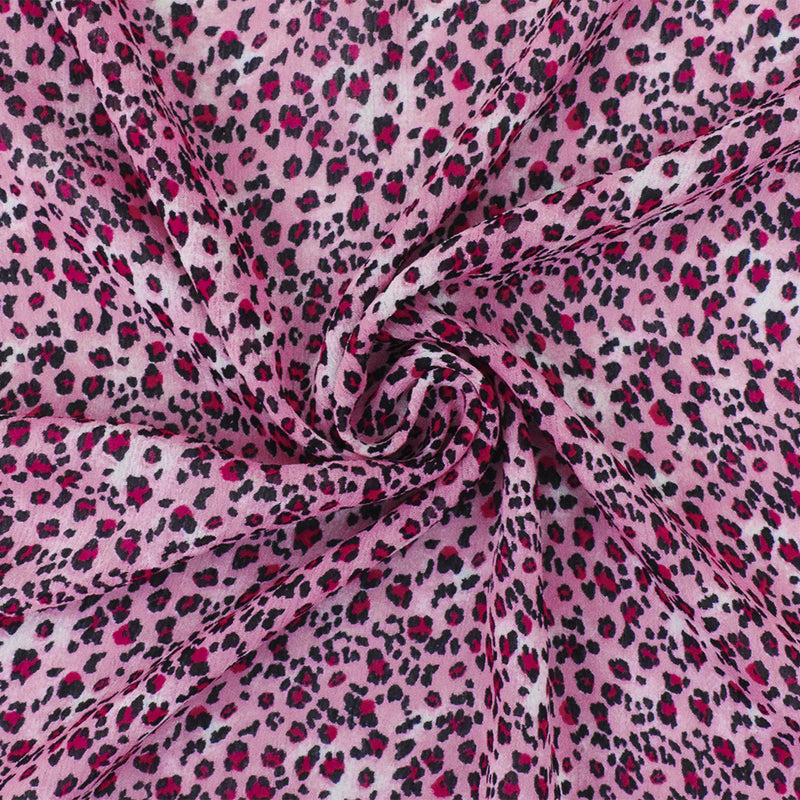 Pink-Black-White Leopard Printed Poly Chiffon Woven Fabric