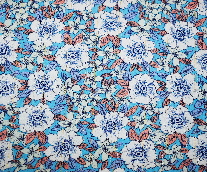 Blue-Multi Floral Border Printed Metallic Stripe Poly Pebble Crepe Fabric