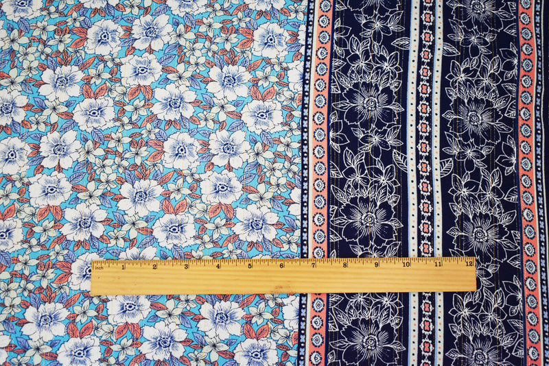 Blue-Multi Floral Border Printed Metallic Stripe Poly Pebble Crepe Fabric