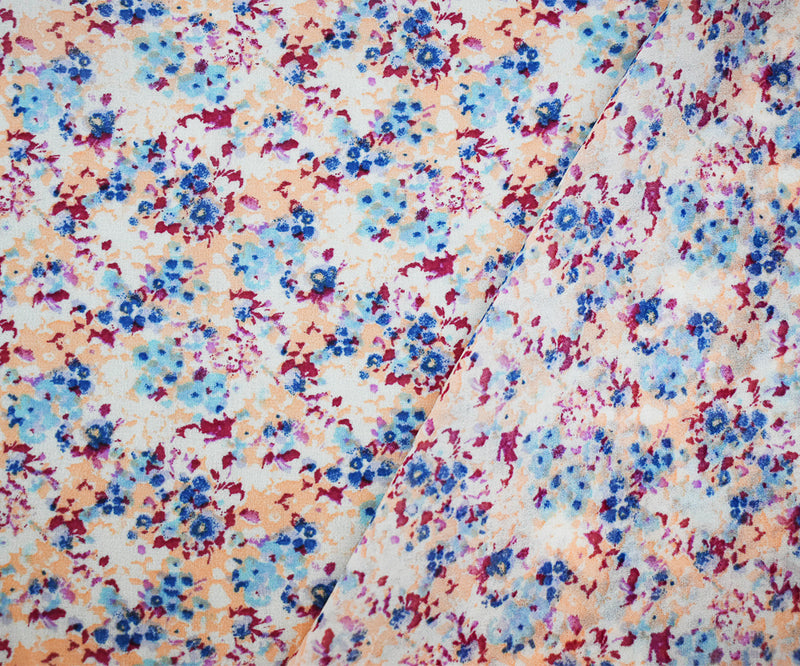 Magenta Purple-Blue-Multi Ditsy Floral Printed Poly Chiffon Woven Fabric