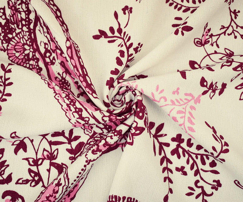 Red-White-Pink Paisley Vine Printed Poly Slub Momie Crepe Woven Fabric