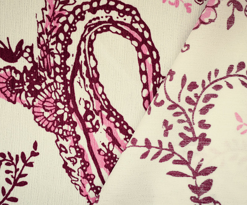 Red-White-Pink Paisley Vine Printed Poly Slub Momie Crepe Woven Fabric