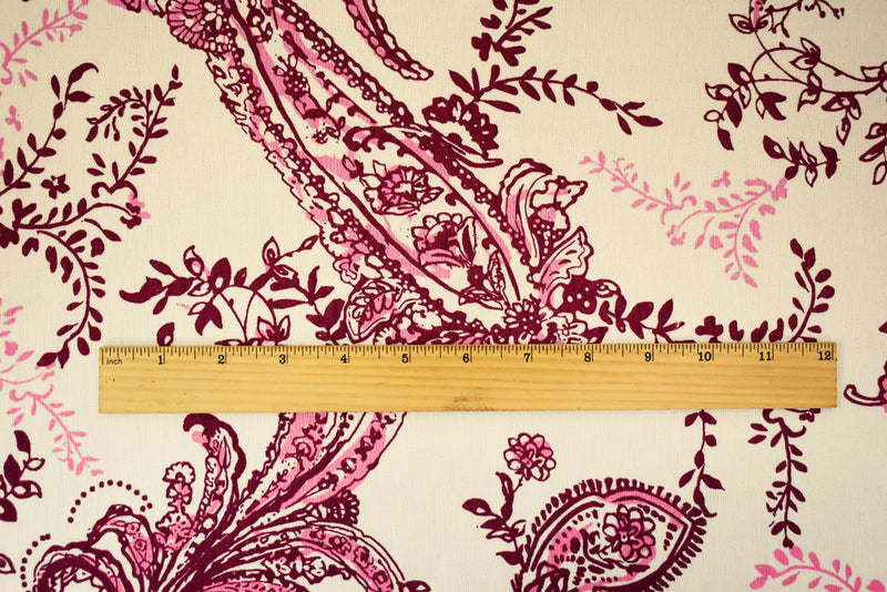 Red-White-Pink Paisley Vine Printed Poly Slub Momie Crepe Woven Fabric