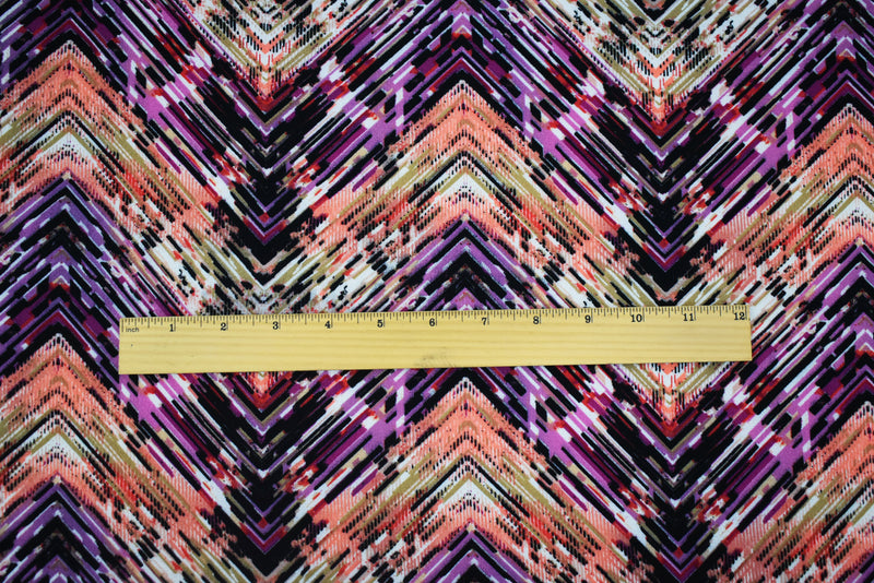 Purple-Coral-Multi Poly Abstract Tribal Chevron Printed Crepe Woven Fabric