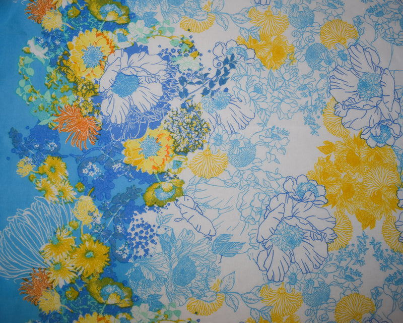 Blue-White-Multi Poly Floral Border Printer Chiffon Woven Fabric