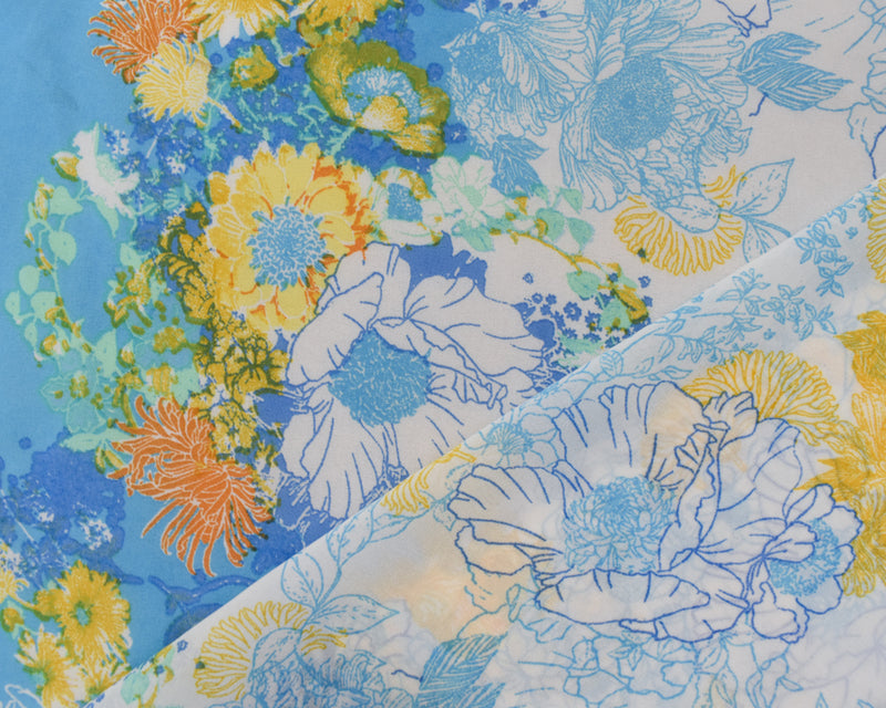 Blue-White-Multi Poly Floral Border Printer Chiffon Woven Fabric