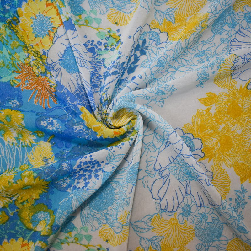 Blue-White-Multi Poly Floral Border Printer Chiffon Woven Fabric
