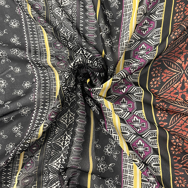 Black Multi Pattern Stripe Print Chiffon Fabric