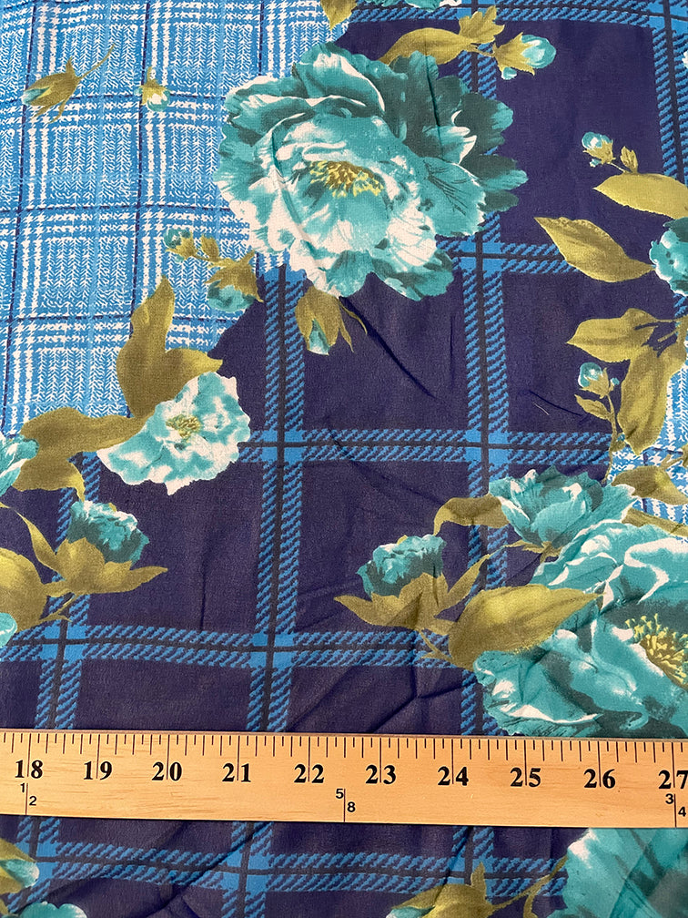 Turquoise Multi Plaid Floral Print Chiffon Fabric