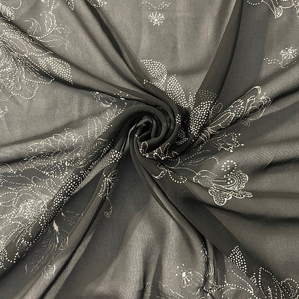 1 YD PC-Black Flocked Floral Poly Print Chiffon Fabric