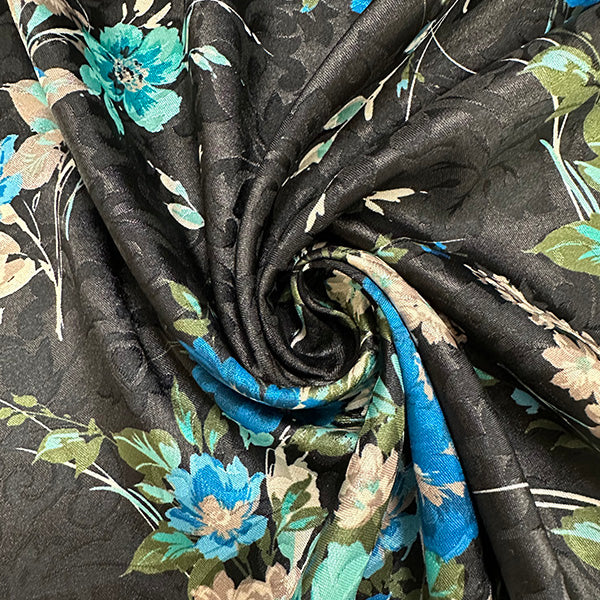 Black Floral Print Stretch Satin Jacquard Fabric