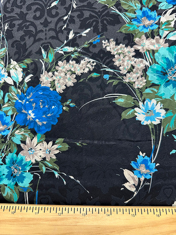Black Floral Print Stretch Satin Jacquard Fabric