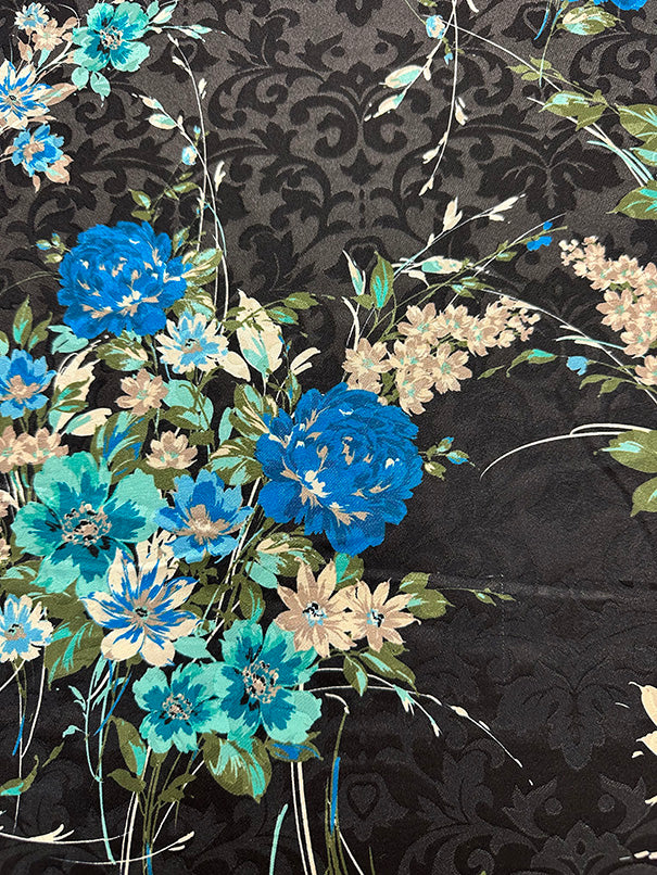 Black Floral Print Stretch Satin Jacquard Fabric
