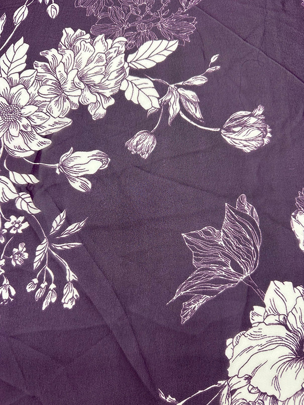 Purple and White Floral Print Poly Chiffon Fabric