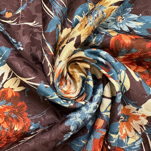 Brown Floral Print Stretch Satin Jacquard Fabric