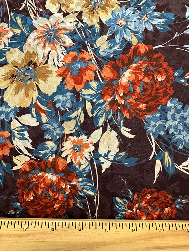 Brown Floral Print Stretch Satin Jacquard Fabric