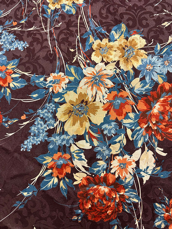 Brown Floral Print Stretch Satin Jacquard Fabric