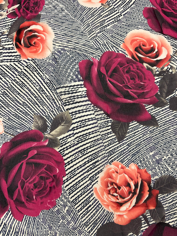 Red Rose Floral Print Poly Chiffon Fabric