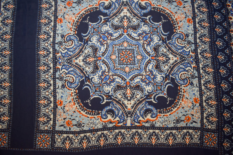 Blue-White-Orange Poly Moroccan Bandana PANEL Printed Chiffon Woven Fabric