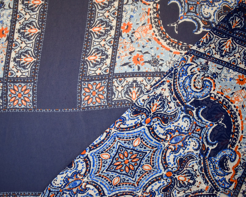 Blue-White-Orange Poly Moroccan Bandana PANEL Printed Chiffon Woven Fabric