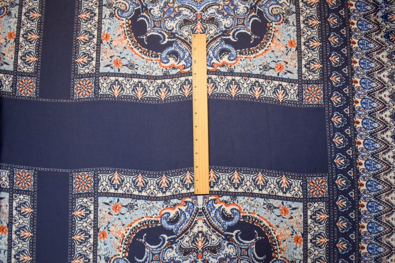 Blue-White-Orange Poly Moroccan Bandana PANEL Printed Chiffon Woven Fabric