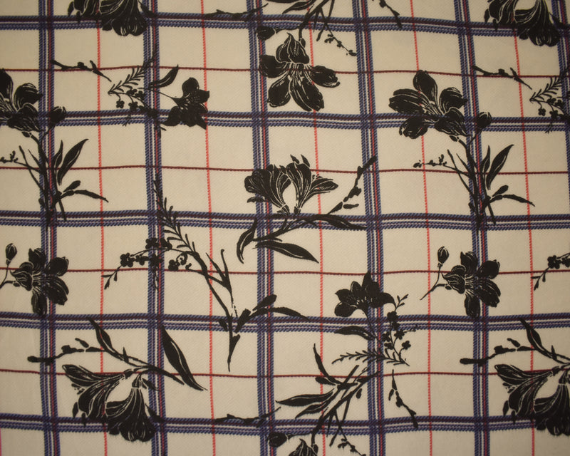 Beige-Black-Multi Poly Plaid Floral Printed Chiffon Woven Fabric