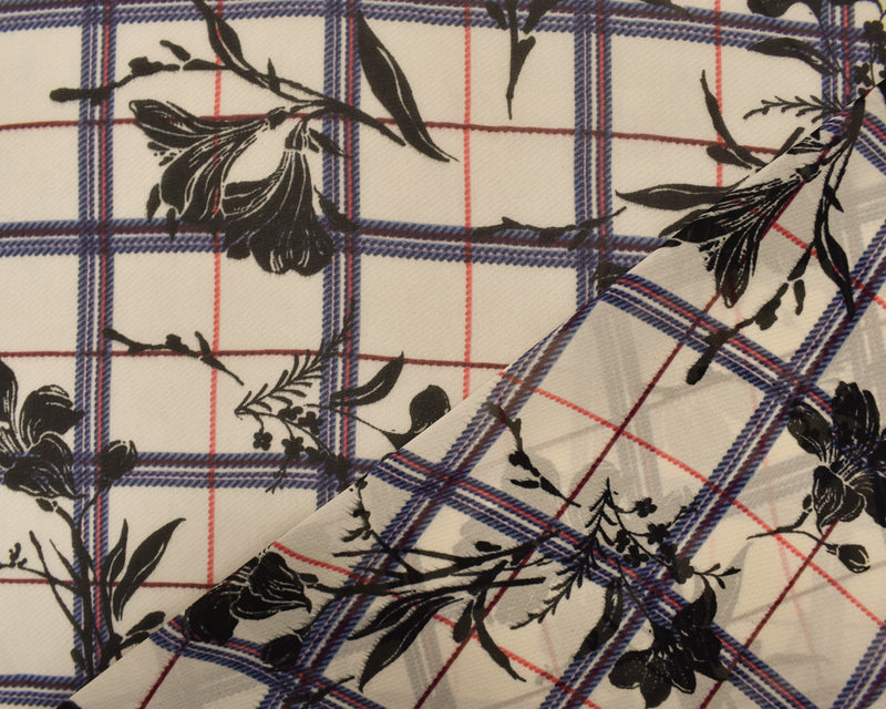 Beige-Black-Multi Poly Plaid Floral Printed Chiffon Woven Fabric