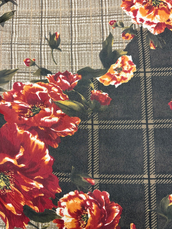 2 YD PC-Brown Plaid Floral Print Poly Chiffon Fabric
